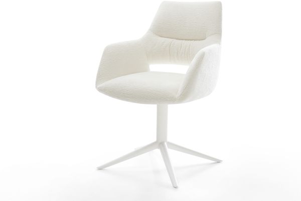 Drehstuhl Yago-Flex mit Armlehnen Bouclé Soft Beige Fußkreuz Weiß 360° drehbar Wippfunktion Taschenfederkern