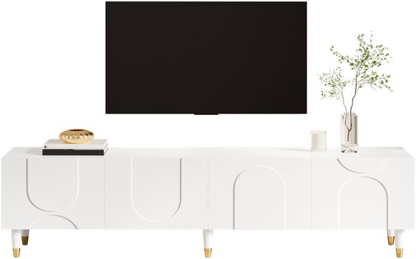TV-Schrank Lowboard asymmetrisches Bogenrelief Vier Türen Mehrfachstauraum Massivholzbeine Wohnzimmer