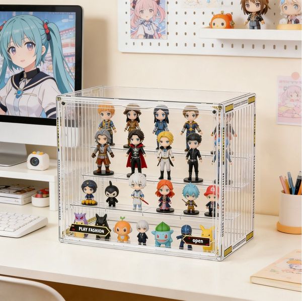 BlingBin Vitrine Acryl Schaukasten für Figuren & Modelle, mit Staubschutz (2er Set, 2-St, Transparente Acryl-Vitrine für Sammlerstücke, 4 Ebenen, 36 x 23 x 27cm) Acryl-Aufbewahrungsbox mit Magnetverschluss, für Sammlerstücke, Puppen