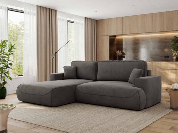 Ecksofa OVO mit schlaffunktion und bettkasten, Wellenfeder, lose Kissen, L-form 271x195 cm - Dunkelgrau Velvet - linke Seite