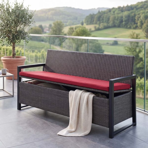Poly-Rattan 3er Sitzbank HWC-F39, Gartenbank Truhenbank, Staufach Aufbewahrung Sitzkissen ~ grau, Kissen bordeaux