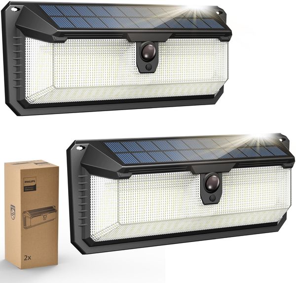 Philips Solarlampe Außen mit Bewegungsmelder, 258 LEDs Solarbetriebene Außen-Sicherheitsleuchte, 3 Modi, Wasserdichte Wandleuchte für Garten, Hof, Zaun, Garage (2 Stück)