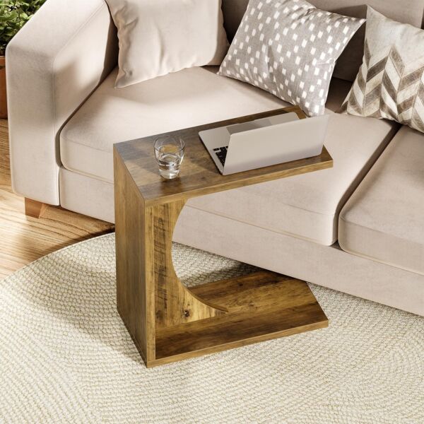 LITTLE TREE C-förmiger Beistelltisch für Sofa & Schlafzimmer – Kleiner Beistelltisch für Wohnzimmer, Ablage über der Couch für Laptop, Snacks, Bücher, Braun, 1 Stück