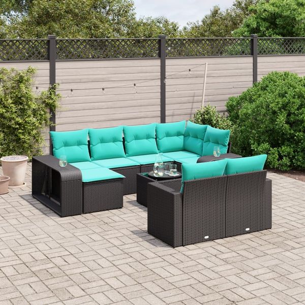 vidaXL 11-teiliges Gartensofa-Set mit Kissen, schwarzes Polyrattan 3228907