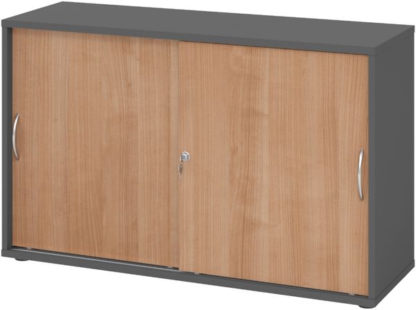 bümö Schiebetürenschrank 2OH - Aktenschrank abschließbar, Sideboard Schrank mit Schiebetüren in Graphit/Nussbaum, Bogengriff - Büroschrank aus Holz mit Schiebetür, Büro Kommode für Ordner & Co, 1752S-G-N-BM