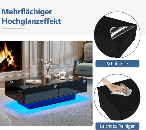 Couchtisch 115 x 55 x 34 cm in Schwarz Hochglanz mit 2 Schubladen und LED-Beleuchtung Bild 8