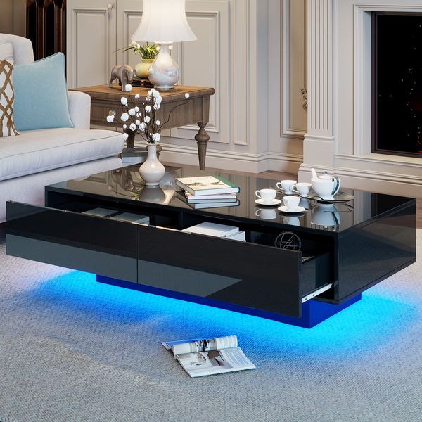 Couchtisch 115 x 55 x 34 cm in Schwarz Hochglanz mit 2 Schubladen und LED-Beleuchtung
