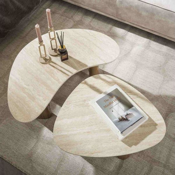 Couchtisch Joradis 2er-Set, Keramik Travertin-Optik, modern organisch, beige brown, luxuriöses Design