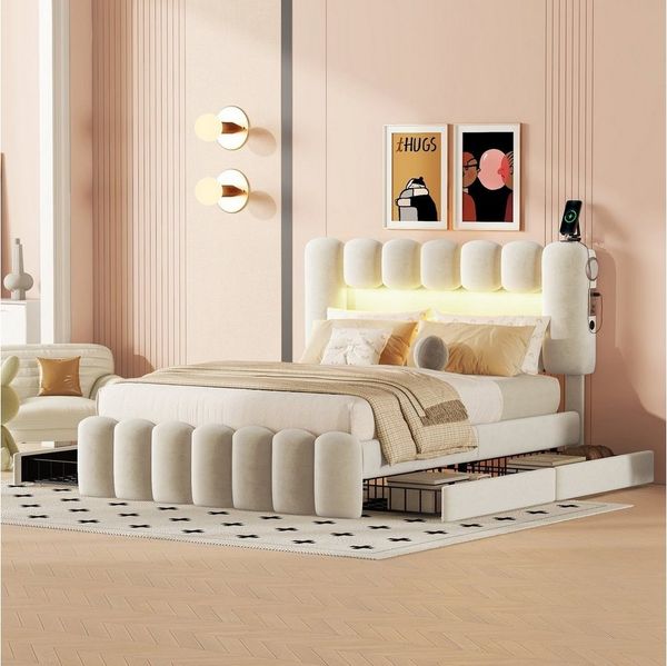 Flieks Polsterbett, LED Beleuchtung Doppelbett mit 4 Schubladen und USB-Aufladen 140x200cm