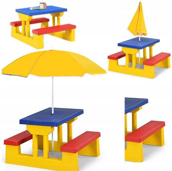 COIL Garten-Kindersitzgruppe Kinder-Picknicktisch mit Sonnenschirm 107 x 67 x 135 cm, 5 kg, (4-tlg), verschiedene Farben, Kunststoff UV-beständig, für Kinder ab 3 Jahren