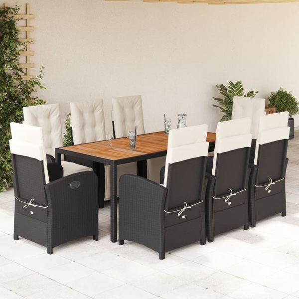 vidaXL 9-tlg. Garten-Essgruppe mit Kissen Schwarz Poly Rattan 3212473
