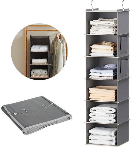 HEYHIPPO Hängeaufbewahrung Hängeregal für Schrank–6 Fächer,aus Stoff,grau,mit Bambusverstärkung (Stoff Hängeregal – hängendes Schrankregal mit 6 Fächern, platzsparend), Hängeaufbewahrung – mehrlagiger Schrank-Organizer, 30×30×120 cm