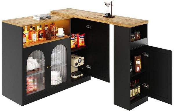 i@home Bartisch Um 360° drehbarer Bartisch, Sideboard, 108 x 39,6 x 97 cm (Bis 60 kg belastbar, geeignet für Esszimmer, Wohnzimmer oder Küche), Schreibtisch in Holzmaserung, Changhong-Glasschranktür und LED-Licht