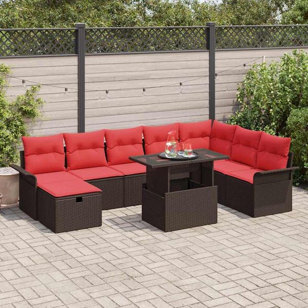 vidaXL Garten-Sofa-Set mit Kissen mit Speicher 9 pcs Braun Poly Rattan 3359701