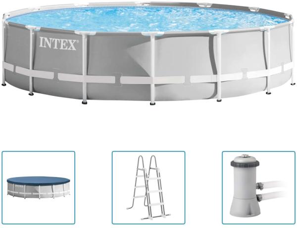 Intex 'Prism Frame Premium Pool-Set 427 x 107 cm', grau, mit Leiter, Bodenplane, Poolabdeckung und Filterpumpe