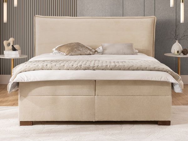 S-Style Möbel Boxspringbett Lovetti mit Topper und Bettkästen aus Cord, Massivholz Füße