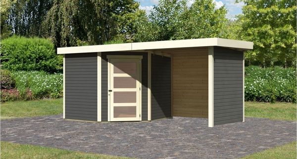 Gartenhaus Schwandorf 5, 242 x 246 cm inkl. Anbaudach 2,40 m mit Wänden, 19 mm Holz terragrau, Karibu
