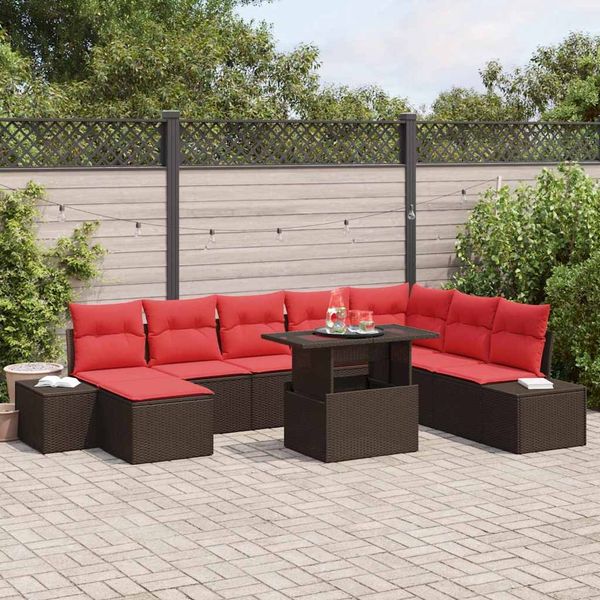 vidaXL Gartensofa-set mit Kissen 9 pcs Braun und Rot Poly-Rattan 3349240