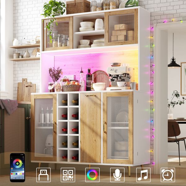 Merax Aufbewahrungsschrank / Multifunktions-Küchenschrank / Buffetschrank, 120 x 40 x 170 cm, mit LED-Beleuchtung, Weinregal & Snackregal, 5 Türen, integrierte Steckdose, Weiß