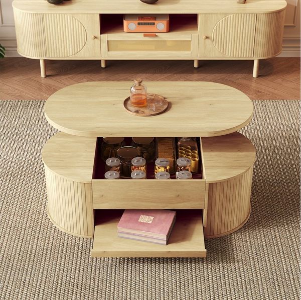 OKWISH Couchtisch mit anhebbarer Tischplatte (Beistelltisch, Sofatisch, 1-St, ausziehbarem Regal), mit gebogenen Holzseiten