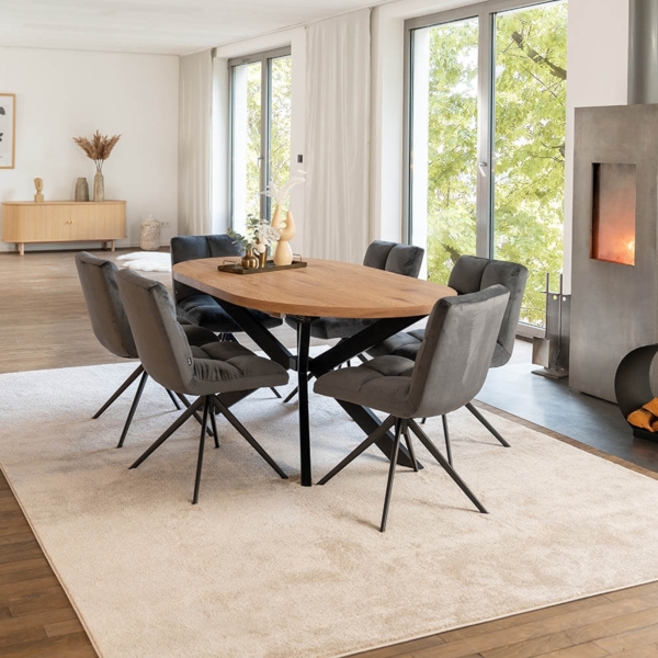 HOME DELUXE Essgruppe Oval Ausziehbar inkl. Sternfuß - 160 x 100 cm Light Oak 6 Stühle Hellgrau Bild 1