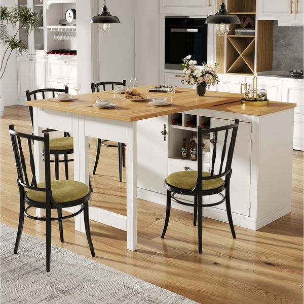 Flieks Kücheninsel mit 360° drehbarer und klappbarer Esstisch, (Holzoptik Tischplatte Tiefe 40-80cm, Längenverstellbar 120-180cm), ausziehbarer Esstisch & Mehrzweckschrank mit Schubladen und Weinregal