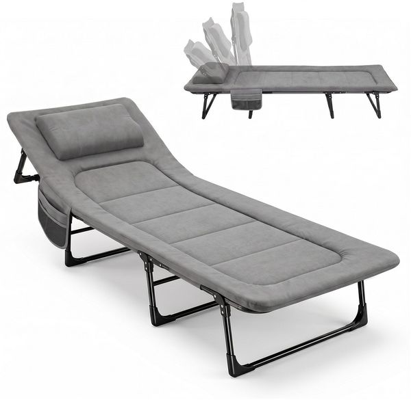 Sekey Feldbett Verstellbar Campingbett Klappbar Gästebett mit Matratze und Kissen, 193 x 70 x 29 cm, Grau
