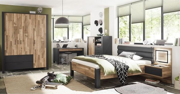 Lomadox Jugendzimmer-Set DARWIN-78, (Sparset, 5-tlg), mit Bett Liegefläche 140x200cm, Kleiderschrank mit 3 Türen Eiche, grau