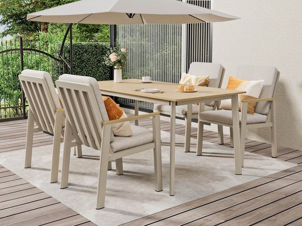 MeXo Gartenlounge-Set Garten Essgruppe für 4 Personen, (Gartenmöbel Set aus Aluminium, 5-tlg, mit PS-Tisch & bequemen Sesseln inkl. Kissen), Ideal für Garten, Terrasse & Balkon
