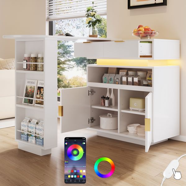 Ausziehbarer Bartisch (115-183 × 40 × 99 cm), ausziehbare Kücheninsel, Bartisch mit Stauraum, LED‑Beleuchtung, 360° Drehfunktion, mobile Kaffeebar, geeignet für Küche und Esszimmer, Weiß