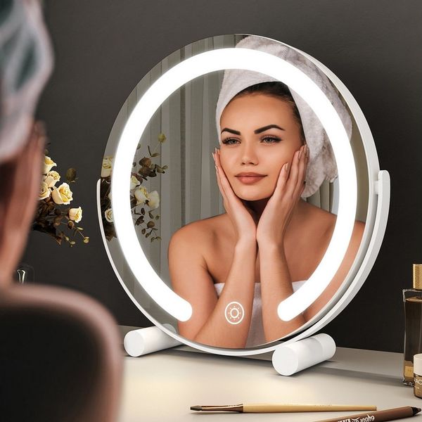 WDWRITTI Kosmetikspiegel LED Schminkspiegel 3Lichtfarben Helligkeit dimmbar Touch Tischspiegel (Make Up Spiegel Rund, 360° Drehbar), Umweltschutz Spiegel, energiesparender