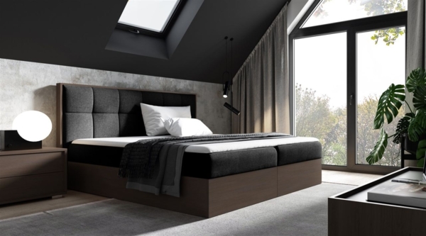 Boxspringbett Bett THANOS 180x200cm Dunkel Eiche Stoff Schwarz inkl. Bettkasten