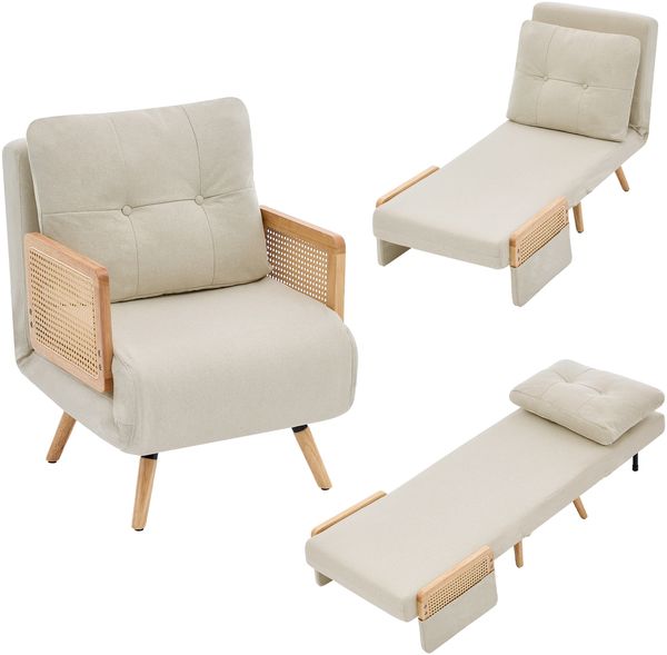 Merax 3-in-1 Schlafsessel mit Schlaffunktion, ausklappbarer Relaxsessel & Gästebett, gepolsterter Loungesessel mit 5-fach verstellbarer Rückenlehne und Rattan-Armlehnen, Beige