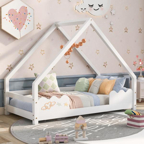 Merax Hausbett Kinderbett 90x200cm mit Rausfallschutz Spielbett Jugendbett Massivholz in Weiß