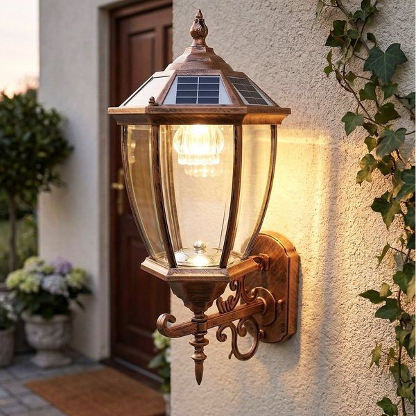 Arnusa Außen-Wandleuchte Solar Außenleuchte kabellos klassisch Kupferoptik Aluminium 52 cm, Farbtemperatur einstellbar, LED fest integriert, Warmweiß, Kaltweiß, leistungsstarker Akku lange Leuchtzeit, Warmweiß Kaltweiß