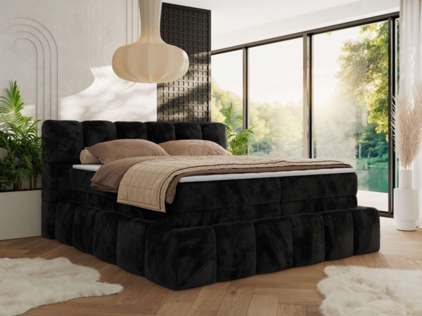 Boxspringbett NIRA KING, Doppelbett mit Fußteil, 7-Zonen Multipocket-Matratzen und Topper, Schlafzimmerbett - 200 x 200 cm - Schwarz Plüsch - H3