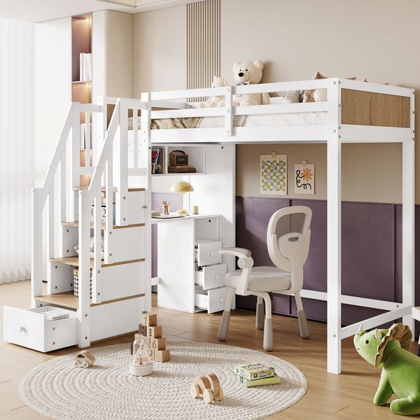 Etagenbett, Kinderbett, Mit farblich abgesetztem Fallschutzgitter, Schreibtisch mit 3 Schubladen, 4-Stufen-Leiterschrank, Offenes Regal, Kiefer+MDF, Weiß+Natur, 90x200cm