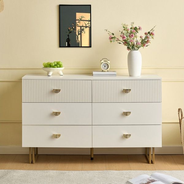 Merax Sideboard mit Gold-Akzenten in Weiß (1 St, 120 x 40 x 75 cm), Kommode mit 6 Schubladen, Buffetschrank Anrichte aus MDF und Stahl