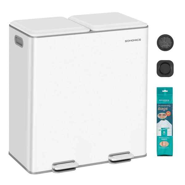 SONGMICS Mülleimer Küche, 2 x 30 L, 2 Fächer, Mülltrennsystem, Softclose, herausnehmbare Inneneimer, Pedalen, Stahl, wolkenweiß