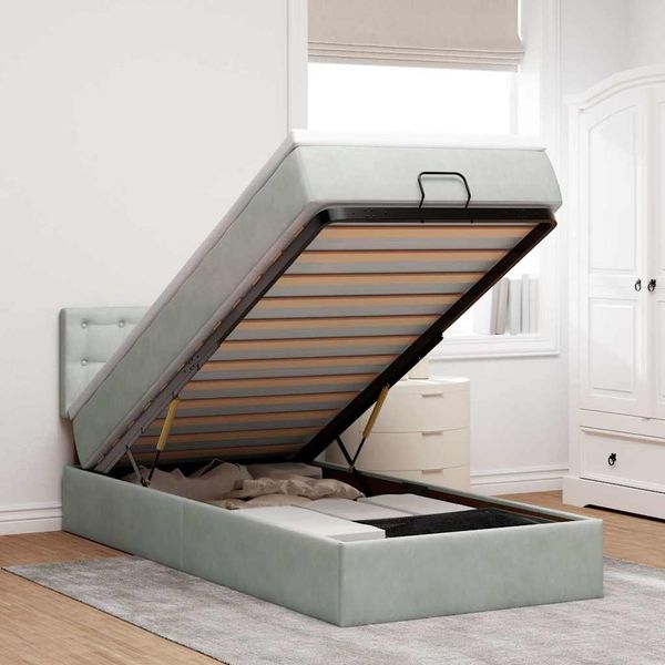 vidaXL Ottoman-Bett mit Matratze & LEDs Hellgrau 100x200 cm Samt 3312746