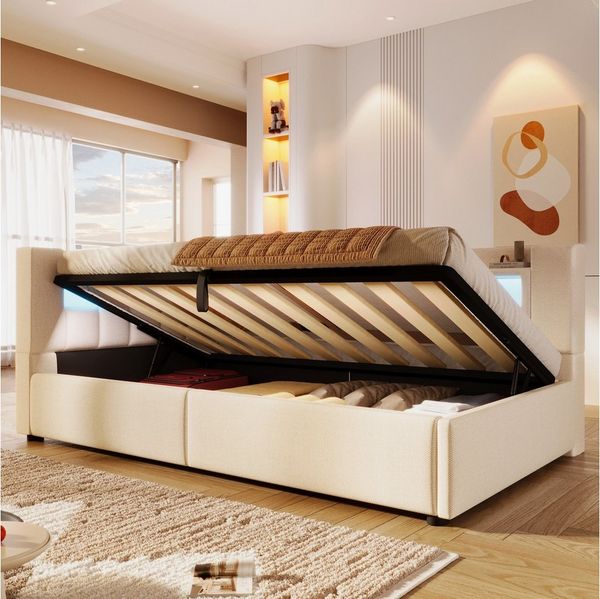 Odikalo Schlafsofa Schlafcouch 90x200 140x200 mit LED und Bettkasten, Hydraulische Lagerungt, Mit USB Typ-C Ladefunktion, LED-Beleuchtung,Sofabett, Einzelbett, Ohne Matratze, Leinen, minimalistischer Stil