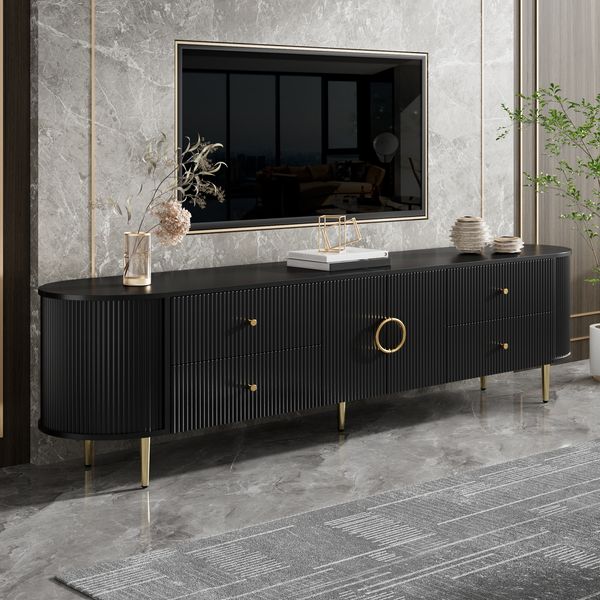 TV-Schrank, Lowboard, dreidimensionale Wellenstruktur, abgerundete Kanten, MDF-Korpus, Aluminiumgriffe, Eisenfüße, fester Einlegeboden, Kabeldurchlass, Wohnzimmer