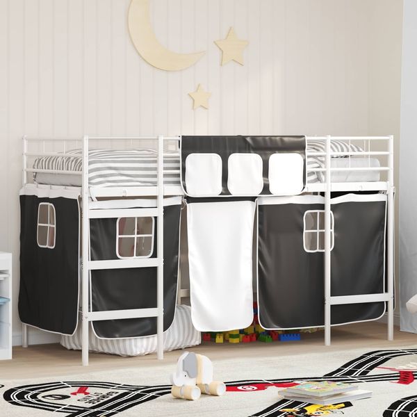 vidaXL Kinder Loft Bettgestell mit Vorhängen Weiß und Schwarz 42020810