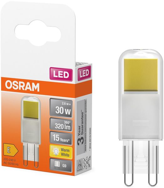 Osram LED PIN LED-Lampe aus klarfarbenem Glas, mit 2.6 W für 320 lm, warmweißes Licht mit 2700 K, multicolor, Retrofit-Stecksockel G9, CRI 80, EEK E, 17 mm Durchmesser.