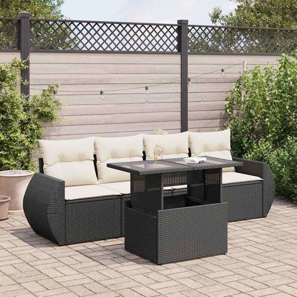 vidaXL 5-tlg. Garten-Sofagarnitur mit Kissen Schwarz Poly Rattan 3326557