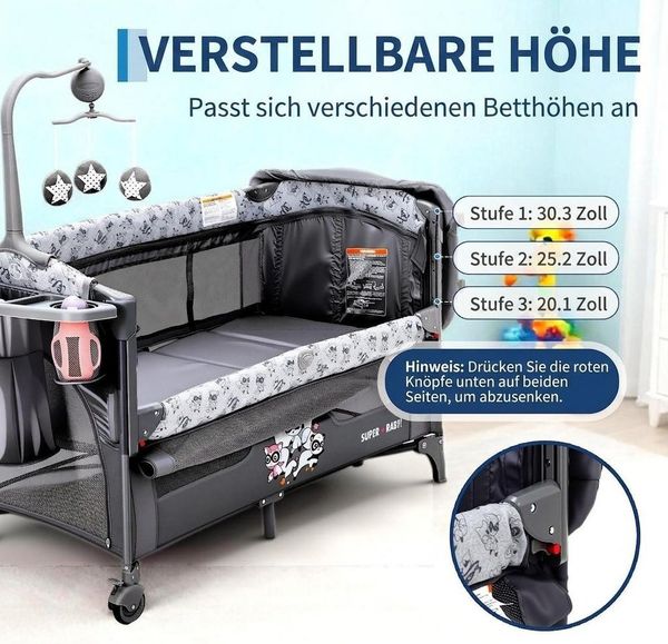 GarveeMore Babybett 5-in-1 Reisebett, faltbares Babybett für Babys mit Wickeltisch, Wiegefunktion,Hängespielzeug, 4 verstellbaren Höhen Bild 2