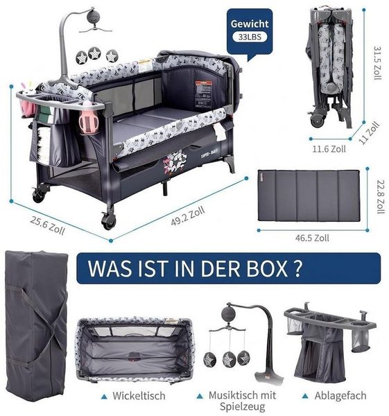 GarveeMore Babybett 5-in-1 Reisebett, faltbares Babybett für Babys mit Wickeltisch, Wiegefunktion,Hängespielzeug, 4 verstellbaren Höhen Bild 3