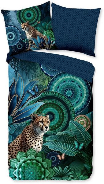 hip Wendebettwäsche Nyah, Mako-Satin, Satin, 2 teilig, Satin, Reißverschluss, Wendeoptik, Mandala, Leopard, Blau, Grün