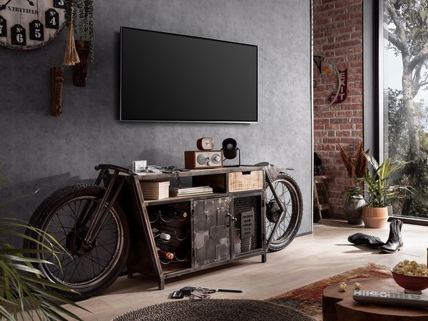 Konsolentisch Harlow-Bike - TV-Sideboard, Mangoholz, Metall & mehr für Upcycling und Motorbike-Design im sachlichen Stil
