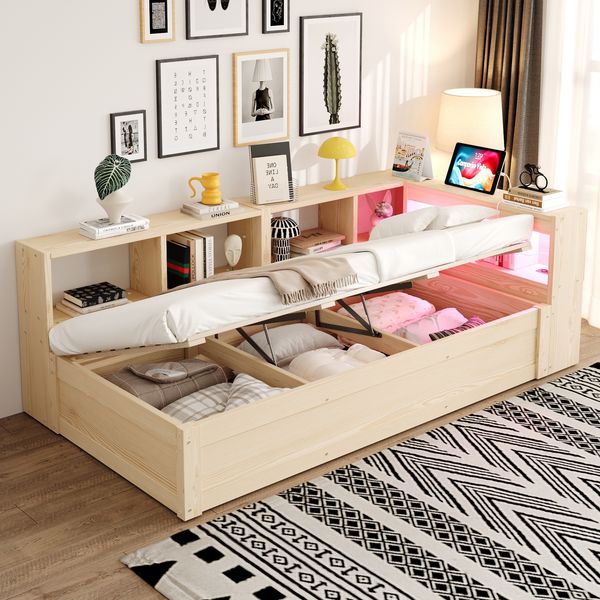 Merax Einzelbett, Kinderbett, Jugendbett, Schlafsofa 90 × 200 cm, Ausgestattet Mit Einer Euro-Steckdose Und Mehreren Staufächern, Mit Mehrfarbigen LED-Lichtleisten, Hydraulischem Bettmechanismus, Massivholzbett, Holzfarbe